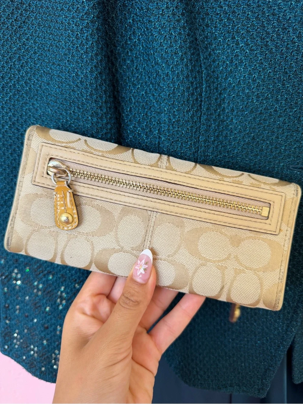 Coach Tan Signature Double-Zip Wallet with Leather Trim